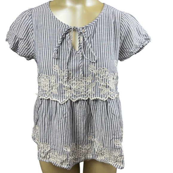 Savanna Jane Tops - womens savanna jane small blue white stripe emroidered floral baby doll top
